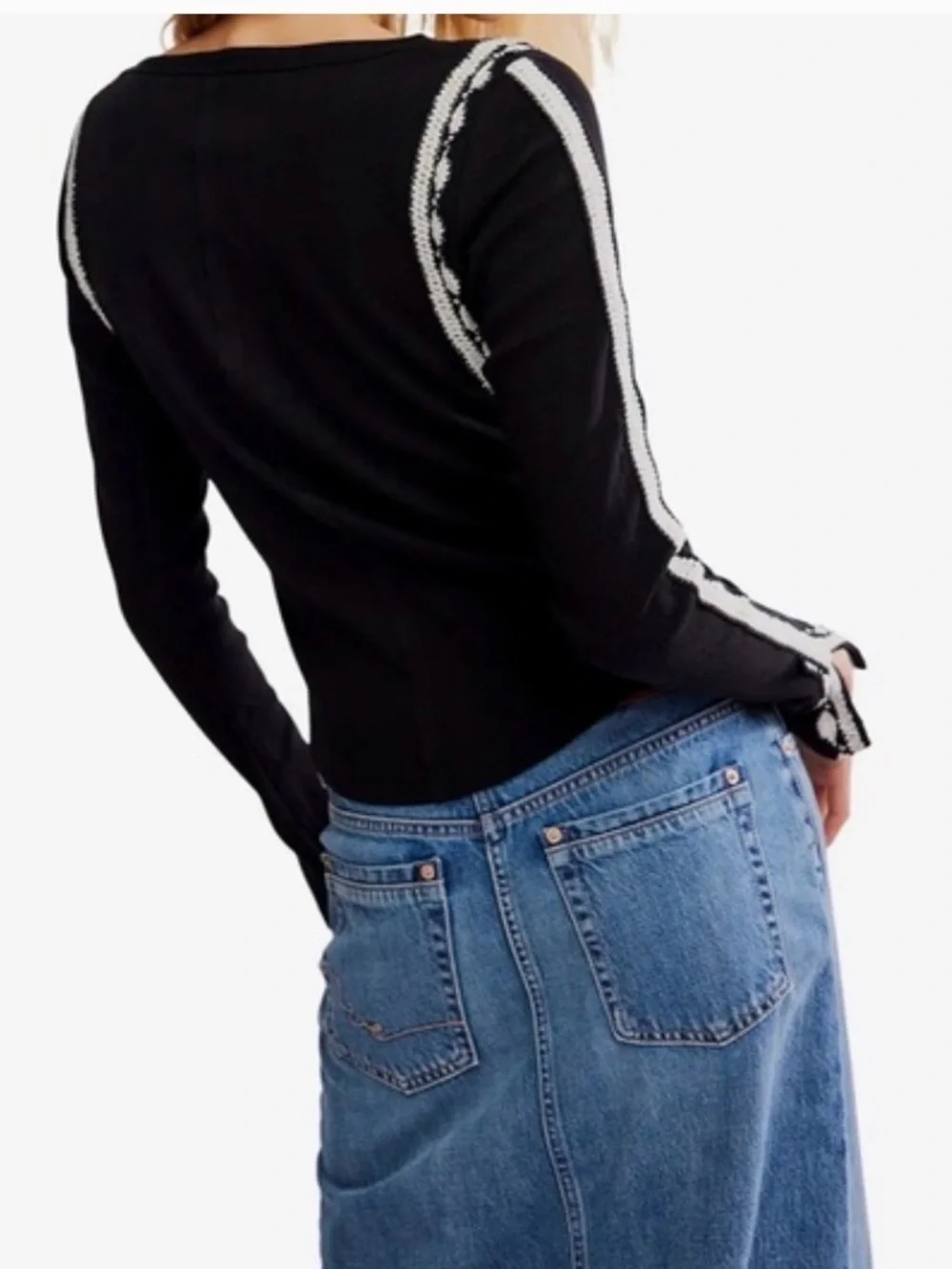 NWT Free People Lost Love Black Long-Sleeve Crewneck Top with White Trim